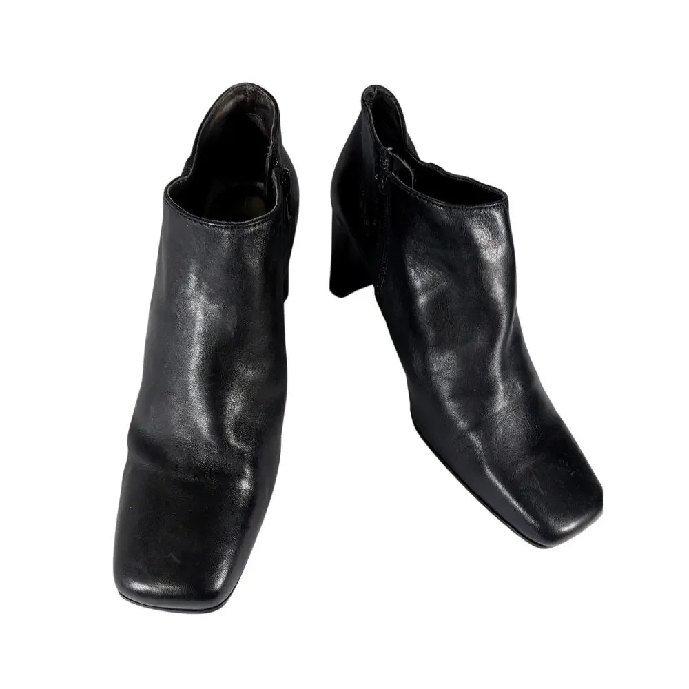 JENNIFER MOORE! BLACK GENUINE LEATHER RECTANGULAR HEEL, ZIP ANKLE BOOTS! SZ 9M